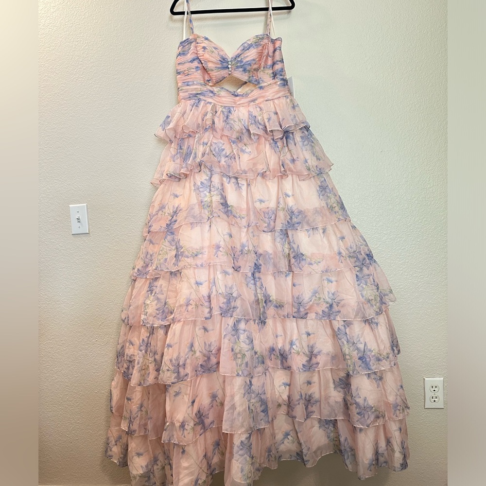 NWT Mac Duggal Floral Cutout Tiered Ruffle Chiffon Ball Gown Pink Sz 8 - Picture 4 of 10